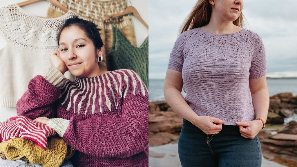 On the left: Yessabett rests her hand on her cheek and she is surrounded by crochet garments, and on the right: the Low Tide top is a short sleeve lilac top