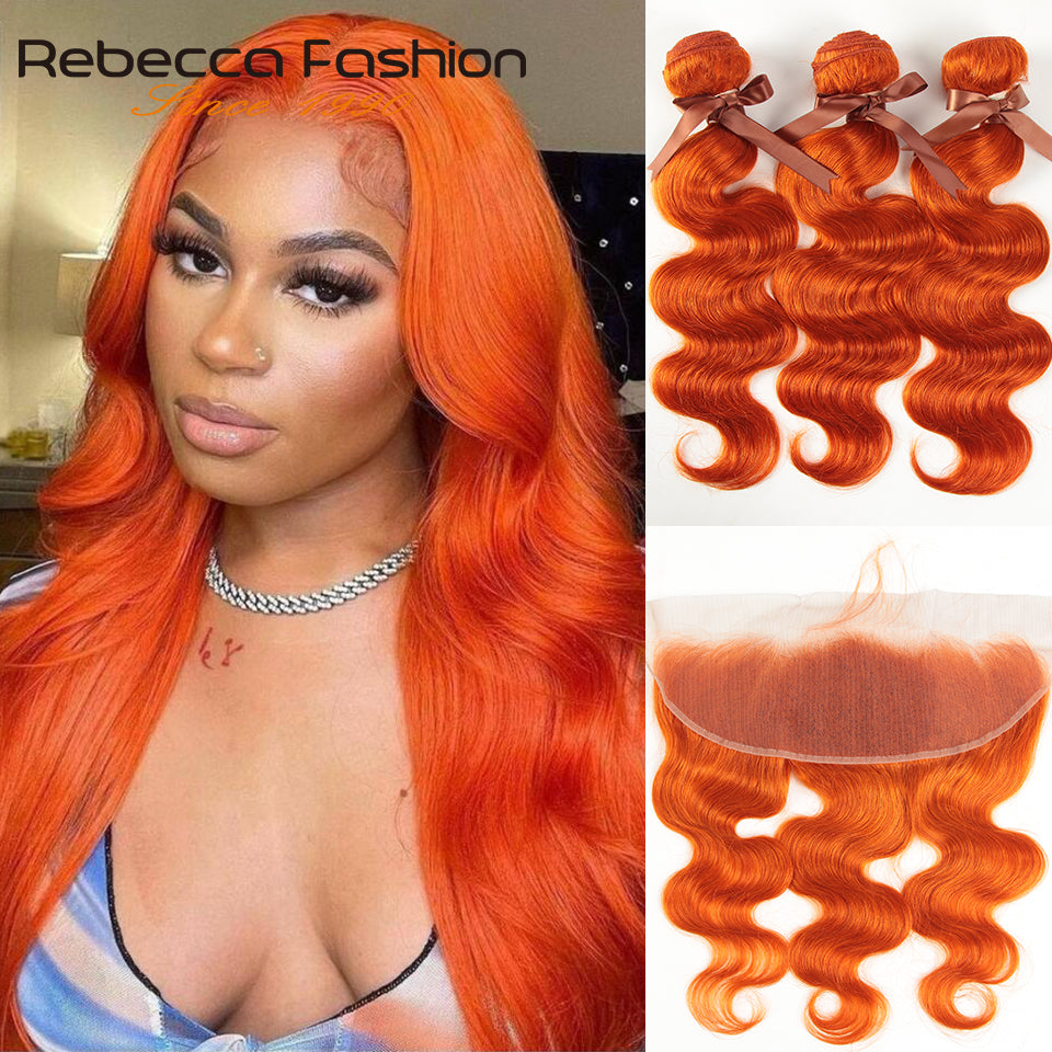 Ginger Orange Bundles With Frontal/ Closure, Straight/ Body Wave Brazilian Human Hair 3 Bundles