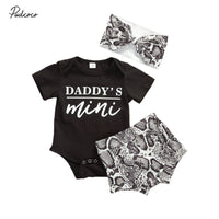 Daddy Mini Letter Print ONESIE +Snake Skin Print BOTTOMS + Bow 3Pcs Outfits BBY