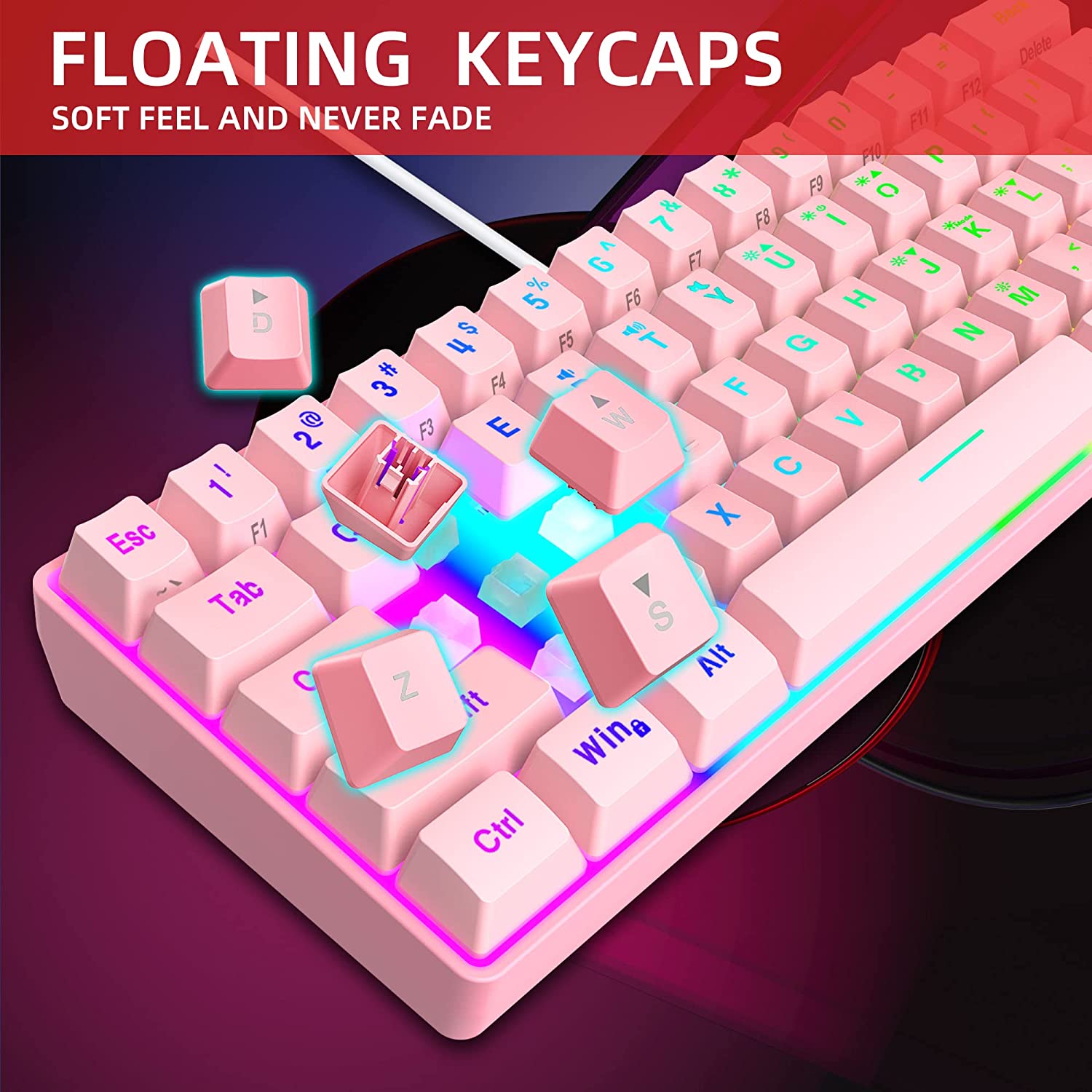 Snpurdiri 60% Wired Membrane Gaming Keyboard RGB Backlit, Pink – snpurdiri