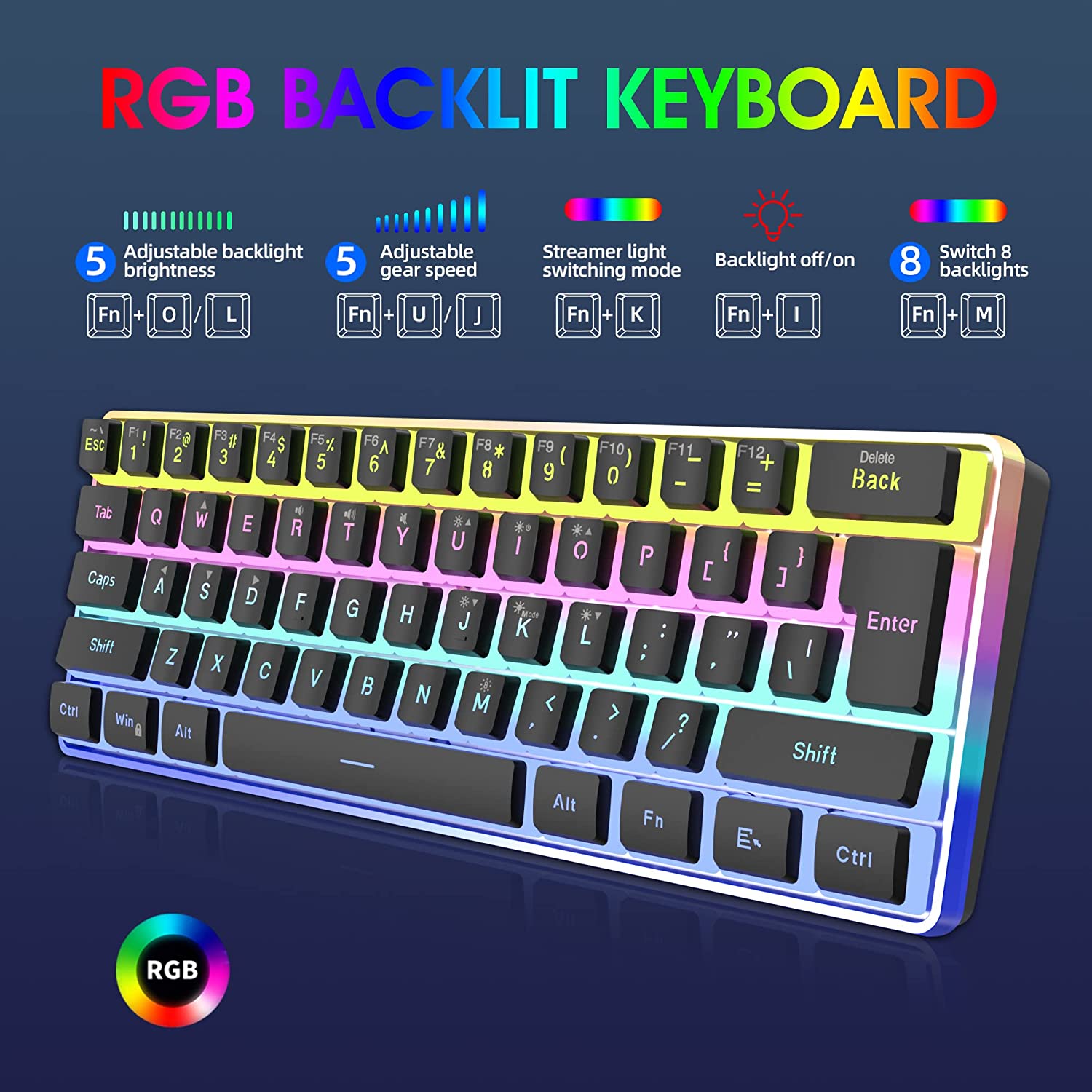 Snpurdiri 60% Membrane Wired Gaming Keyboard, RGB, Black Pudding ...