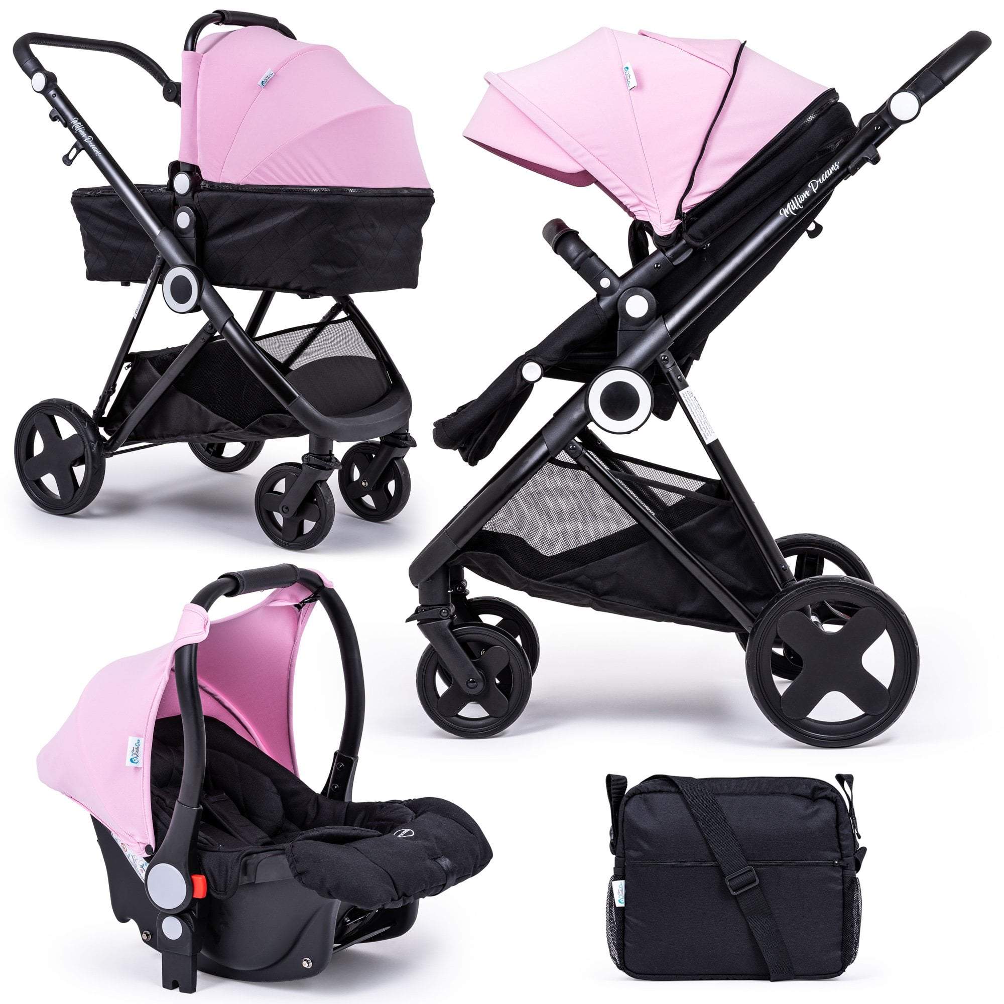 pink and gray stroller and carseat