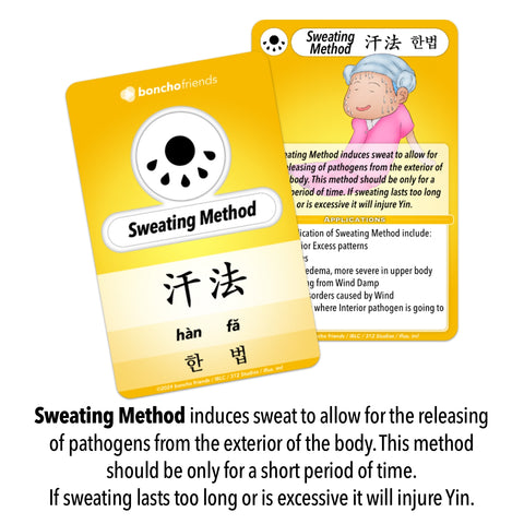 Sweating Method induces sweat to allow for the releasing of pathogens from the exterior of the body. This method should be only for a short period of time. If sweating lasts too long or is excessive it will injure Yin.