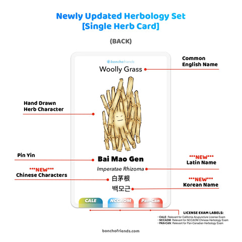 boncho friends, TCM single herbs, Bai Mao Gen, study cards for acupuncture students. collectible, cards