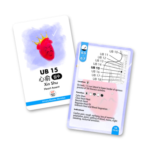 UB 15 - Heart Assent - xīn shū - 心俞 - 심수: Cardiac pain, cough, epilepsy, loss of memory, palpitation, panic, spitting of blood, mania, night sweating, nocturnal emission.