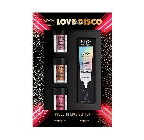 Image of NYX Love Lust Disco Proud To Love Glitter Face & Body Glitter Glitter Primer Set - Glitter Primer, Rose, Red & Copper