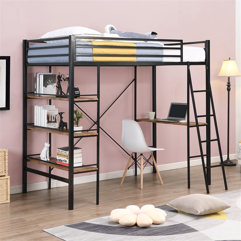 Metal Space-saver Twin Loft Bed with Shelves and Desk Sogeshome