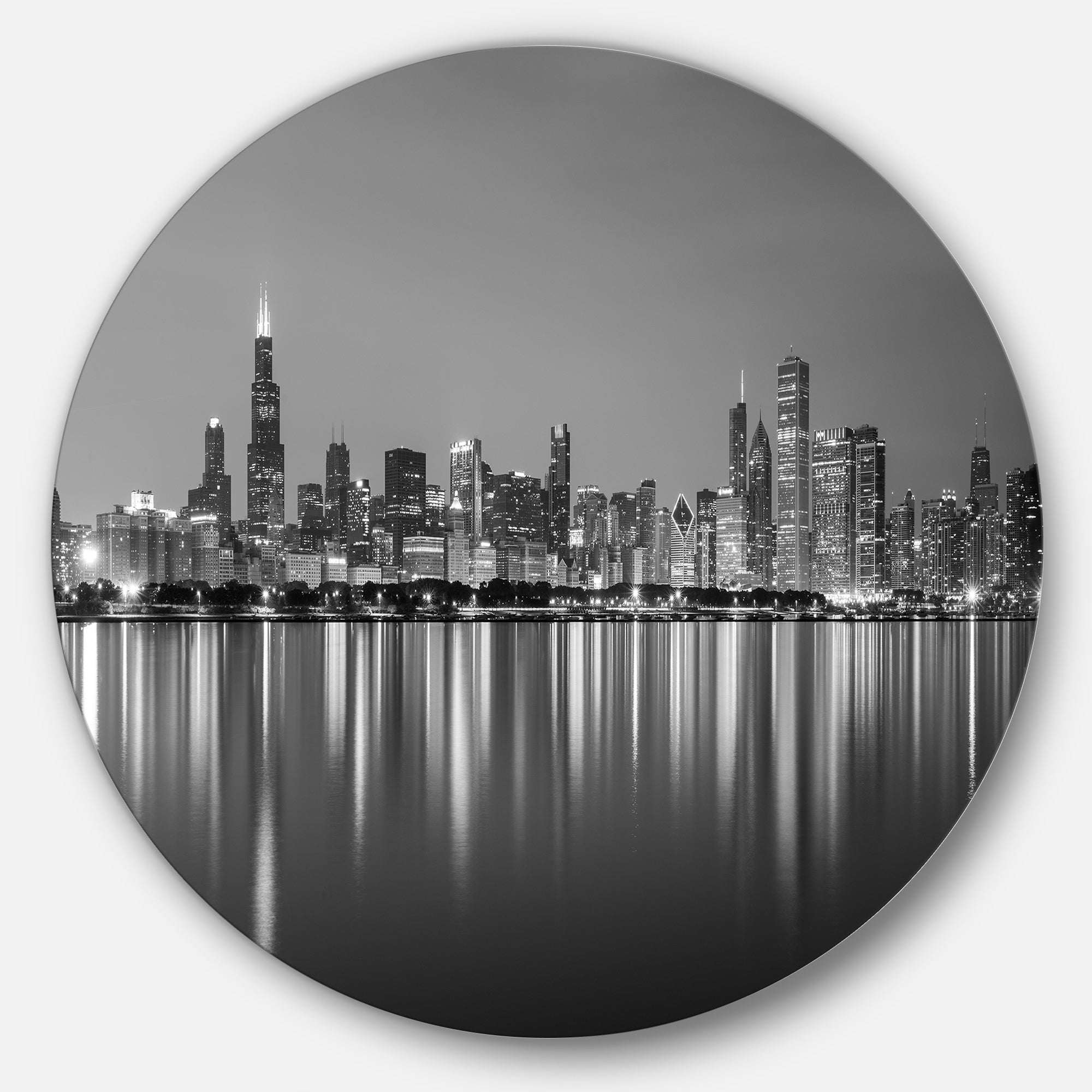 Chicago Skyline At Night Black And White Ultra Glossy Cityscape Circle Wall Art Disc Of 23 Designart Wall Art Mirrors Chairs Clocks And More