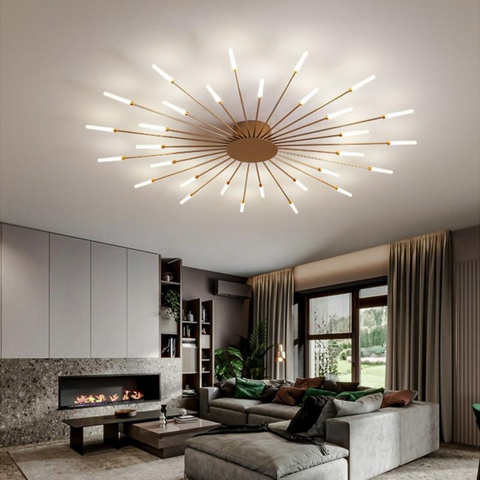 Gold LED Strip Chandelier on living room ceiling