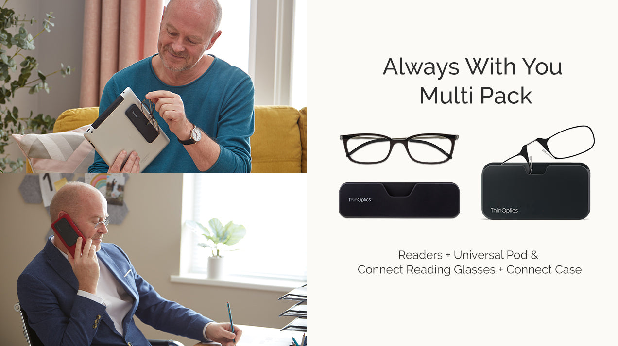 Man wearing Readers while using a mobile phone with a Universal Pod on the back, and wearing Reading Glasses with the Milano Case attached to the back of a tablet, image of the Always With You Multi Pack