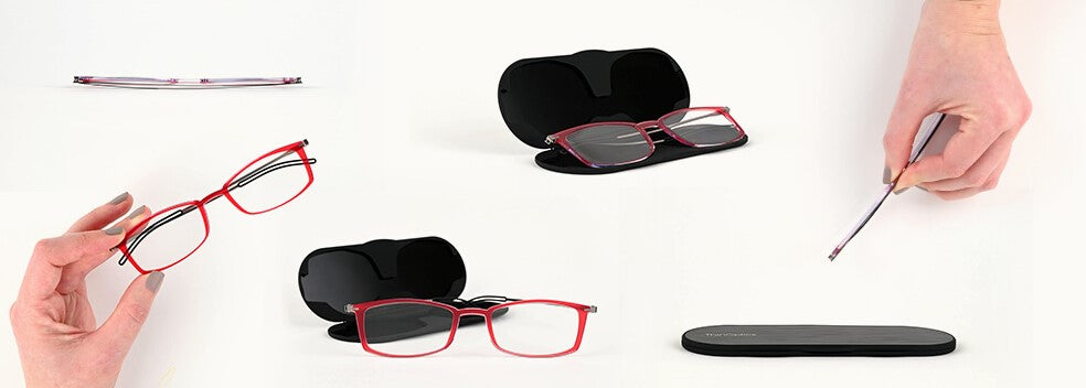 Various angles of the Brooklyn Reading Glasses in Red and the Milano Case