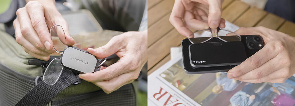 Side-by-side images of the Readers + Keychain Case and the Readers + Universal Pod in use