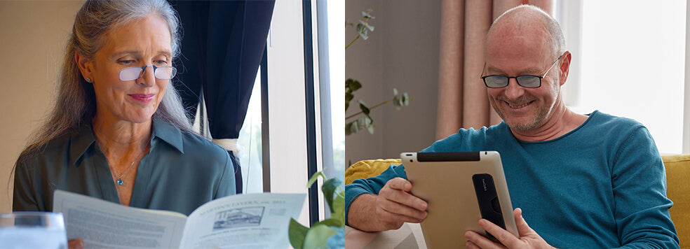 Side-by-side images of a woman wearing Readers while looking at a menu in a restaurant, and a man wearing Brooklyn Blue Light Blockers while looking at a tablet