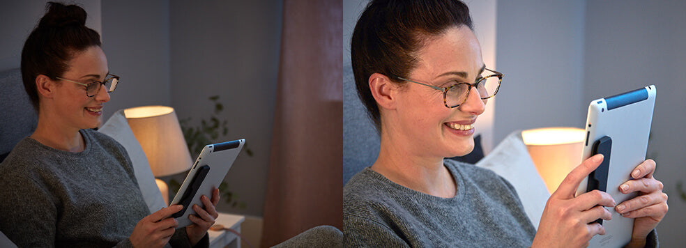Side-by-side comparison of a woman wearing Connect Reading Glasses while reading on a tablet in a dimly lit room and her reading in the same room with better lighting