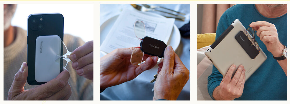 Three images showing the Readers with the Universal Pod on the back of a phone, Reades with a Keychain Case being used at a restaurant, a man removing Connect Reading Glasses from a Connect Case attached to the back of a tablet