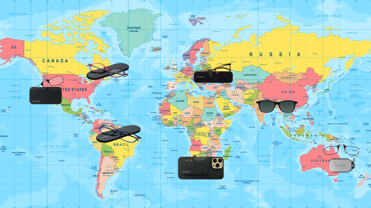 World map showing various ThinOptics Vision Solutions in use in different countries