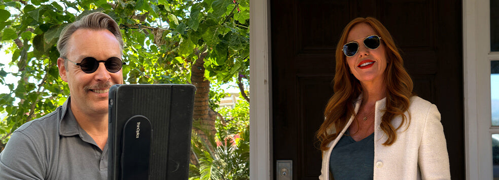 Side-by-side photo collage of a man wearing the Manhattan Reading Sunglasses with a Milano Case attached to the back of a tablet, and a woman wearing the Mountain View Sunglasses