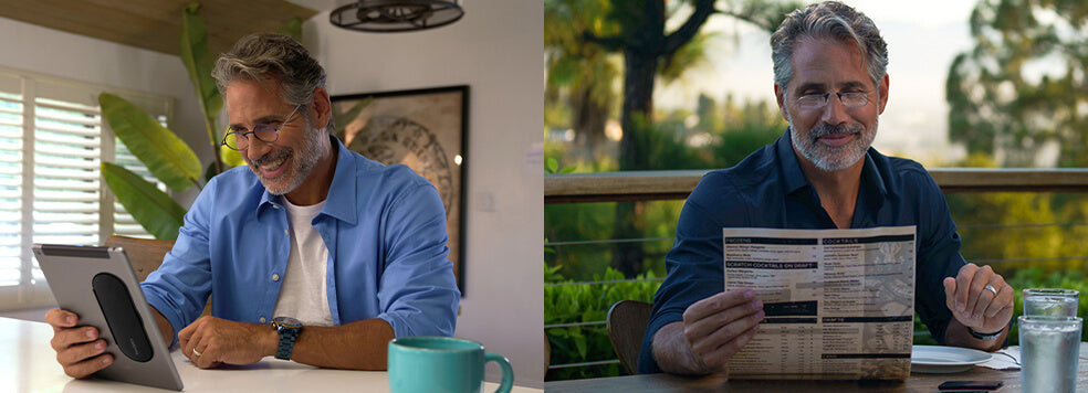 Side-by-side images of a man wearing the Readers at an outdoor restaurant and wearing the Manhattan Reading Glasses while looking at a tablet