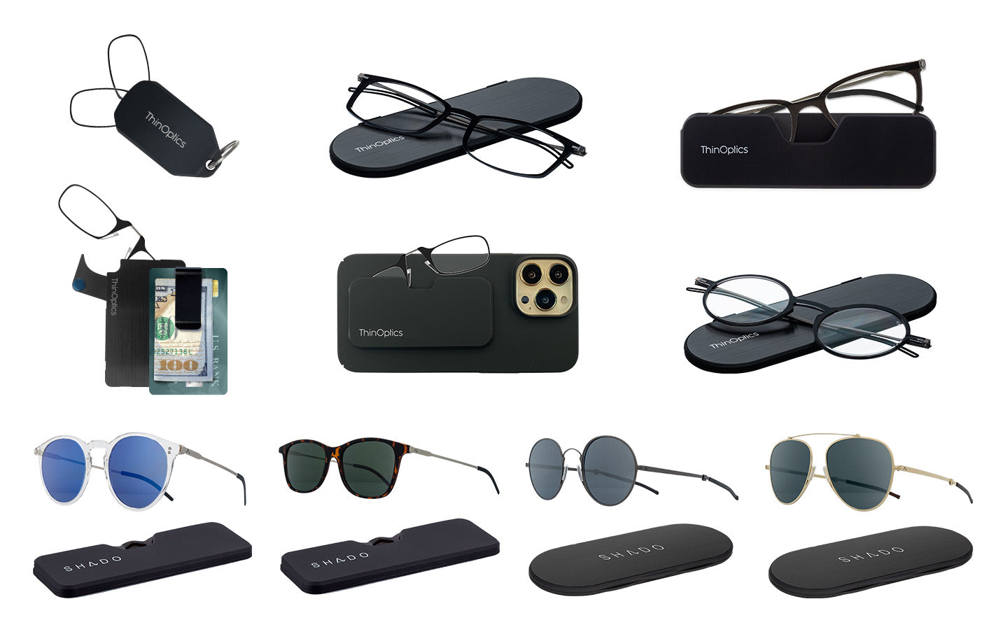 ThinOptics products - Keychain, Full Frame Brooklyn Reading Glasses, Full Frame Connect Reading Glasses, Full Frame Manhattan Reading Glasses, Wallet, Phone Case, Palo Alto Sunglasses, Mountain View Sunglasses, Los Altos Sunglasses, Menlo Park Sunglasses