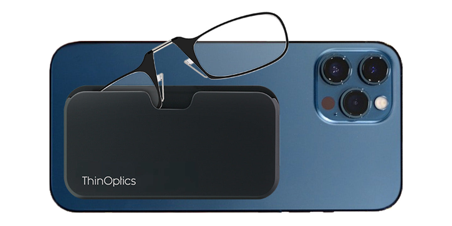 ThinOptics Unversal Pod with Headline Readers attached to the back of an iPhone