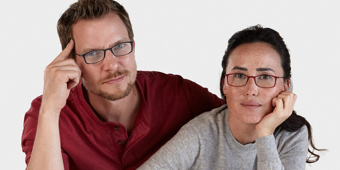 Man and woman wearing ThinOptics Brooklyn Full Frame Reading Glasses