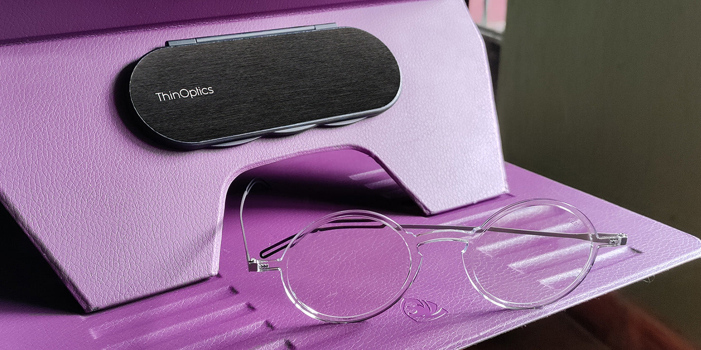 ThinOptics Full Frame Manhattan Reading Glasses with Milano Case attached to iPad