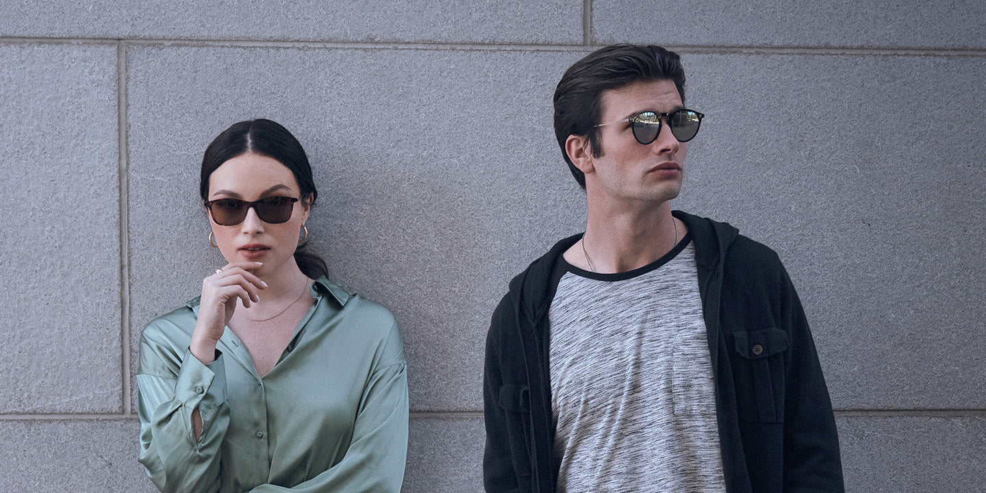 Woman wearing Shado by ThinOptics Menlo Park Sunglasses and Man wearing Los Altos Sunglasses