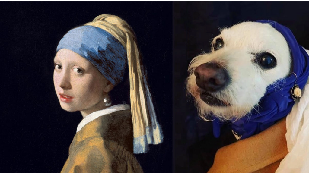 Left: Johannes Vermeer, Girl with a Pearl Earring, c. 1665, Mauritshuis, The Hague, Netherlands. Right: recreation by Lacey Quinn, 2020, image courtesy of the artist.