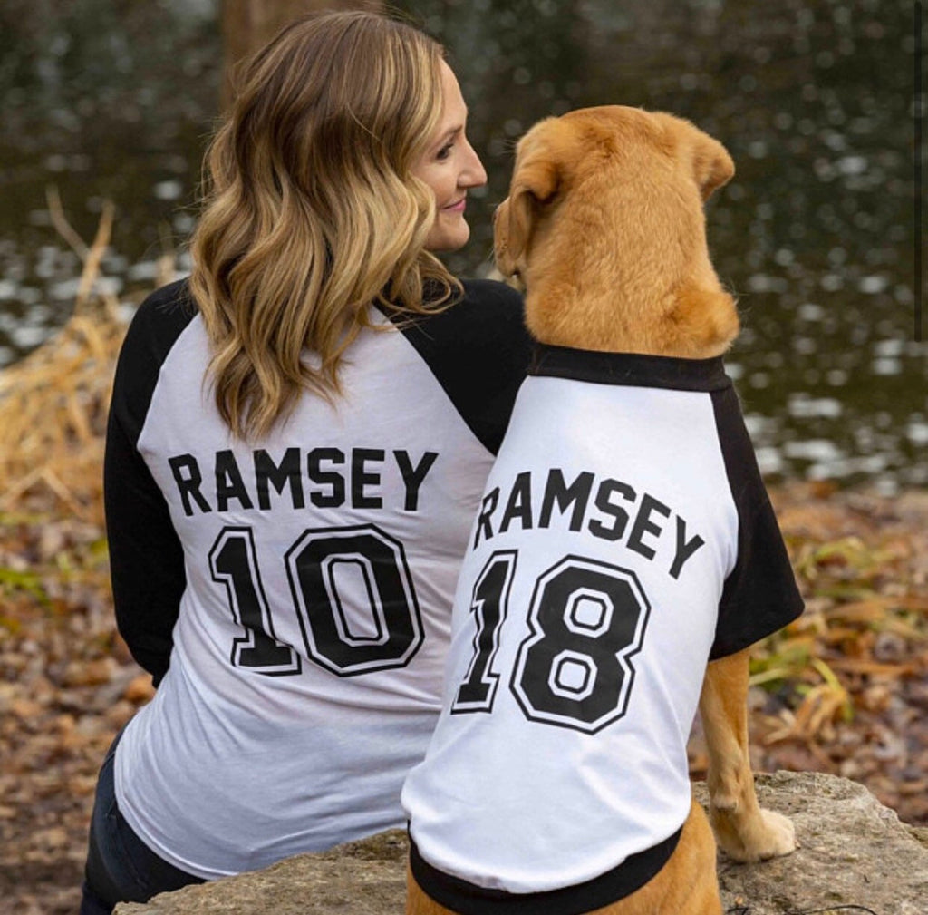 Custom Team Jerseys Jersey Dog Mom Name Matching BFFs Besties T-Shirt Set for Dog & Human | Unisex or Women's Baseball Raglan Tees