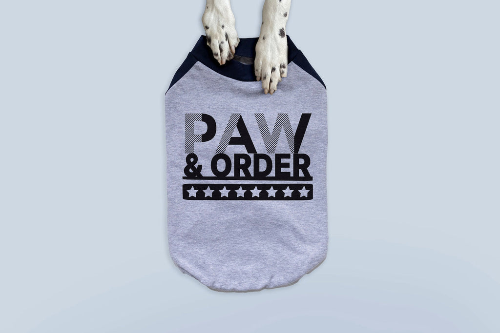 Paw and Order Cute Funny Dog Shirt | 10 Sizes Dog Raglan or Tank | Typography Black & White Pun Tees for Big Dogs and Little Dogs Adorable