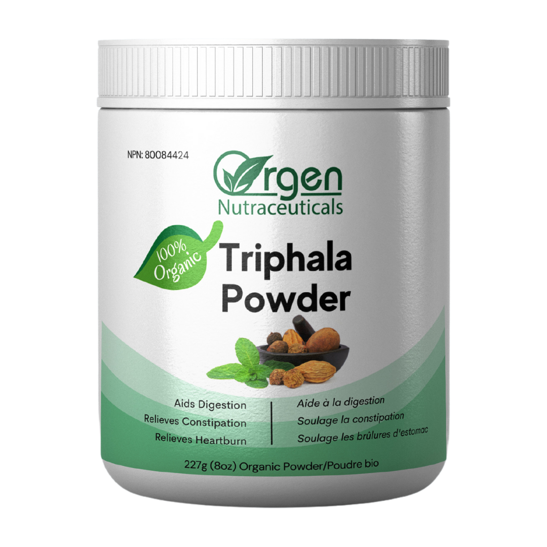 Orgen Organic Triphala Powder for digestive health, constipation relief, heartburn and indigestion relief, immune system health and antioxidants