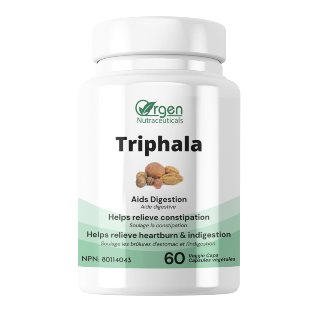 Orgen Triphala capsules, triphala supplement for digestive health, constipation relief, heartburn relief, colon health, immune system health