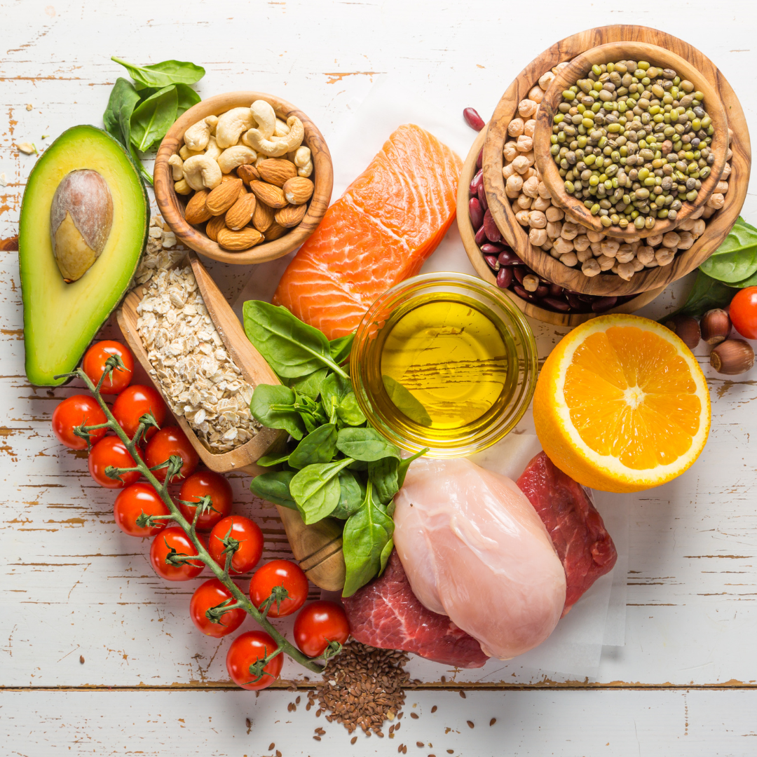 heart healthy foods in a heart shape on a picnic table