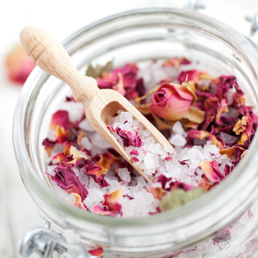 DIY Do it yourself bath salt blend in a jar with dried flower petals