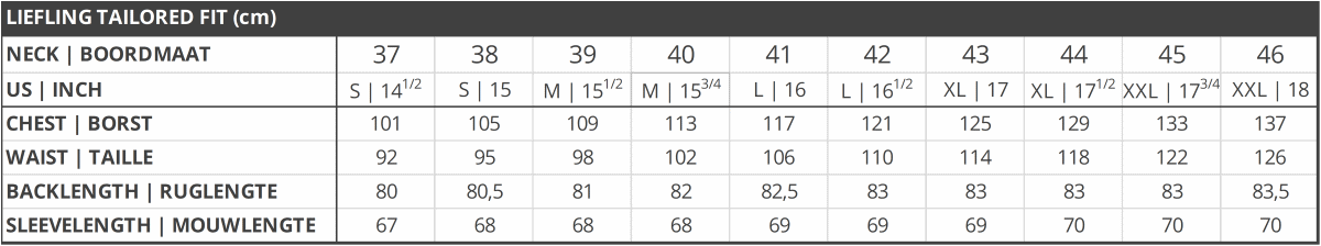 Liefling Tailored Fit Maattabel