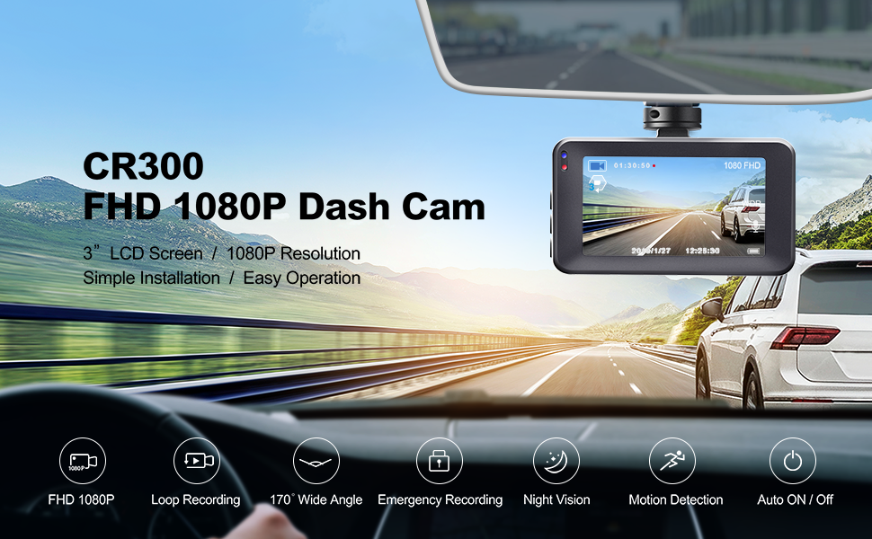 Crosstour Dash Cam, Full HD1080P, Loop Recording Motion Detection 