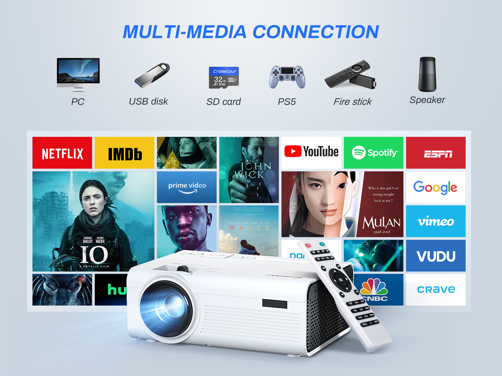 Crosstour WiFi Mini Portable Projector, HD 720P Supported Portable Video  Outdoor Movie Projector with 200'' Large Screen 
