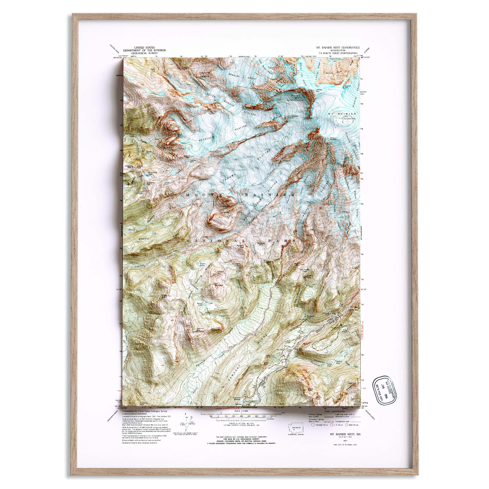 Mt Rainier West (USA), Topographic map - 1971, 2D fine art printed shaded  relief map – VizCart
