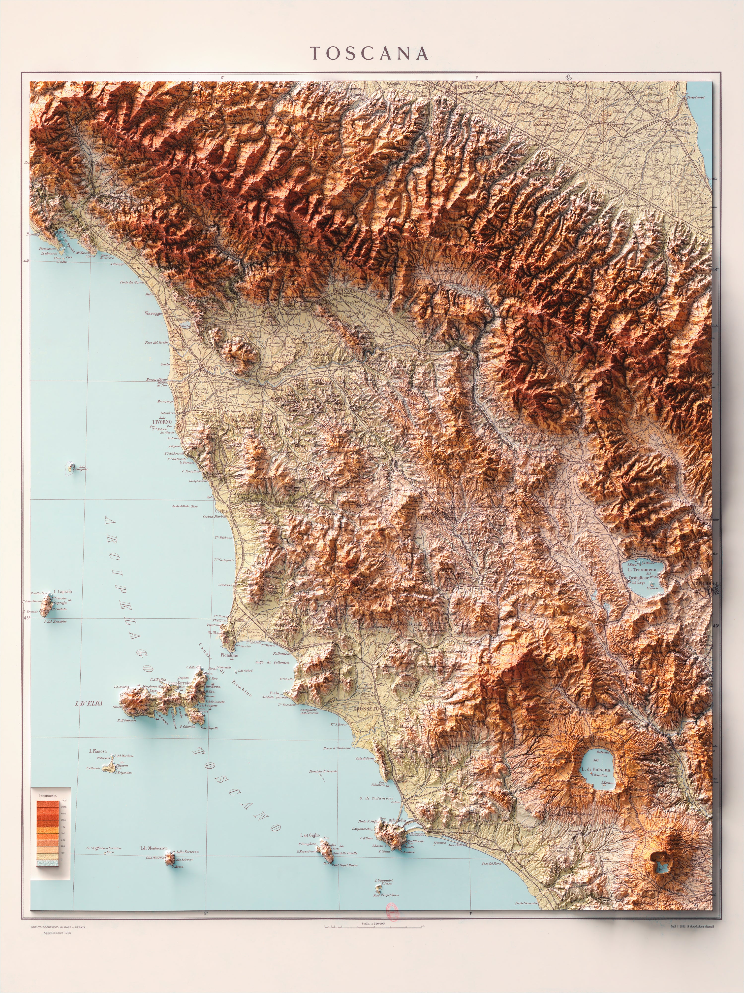 Tuscany topographic map 1935, shaded relief map