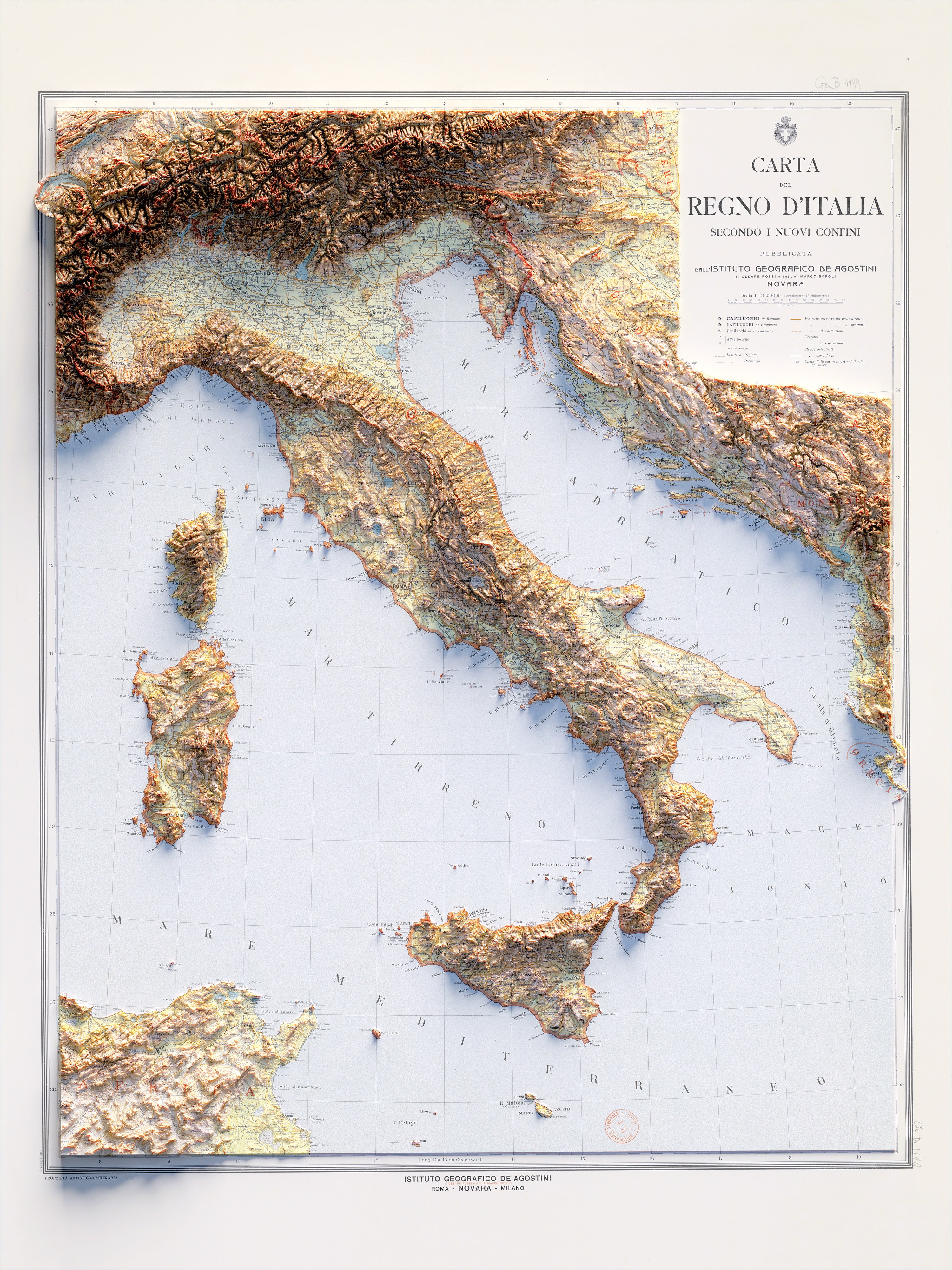 Italy topographic map 1922, shaded relief map