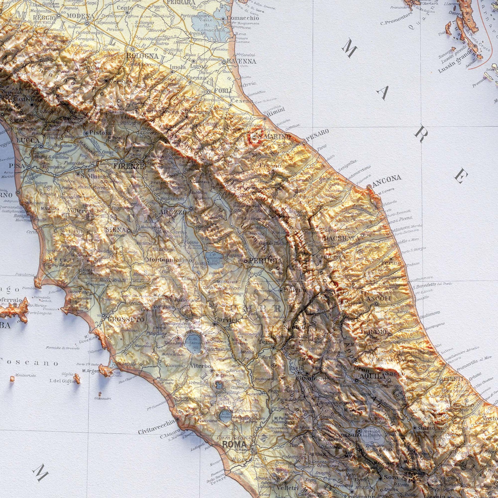 Italy Topographic Map 1922 Shaded Relief Map Fine Art Print Vizcart