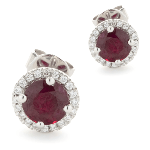 18 karat white gold ruby and diamond halo stud earrings