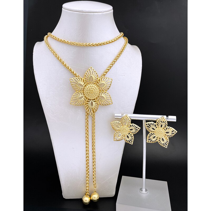 Dubai gold color Jewelry For Women Long Chain Necklace Color Hollow Out Big Pendant Earrings Set Wedding Party Gift