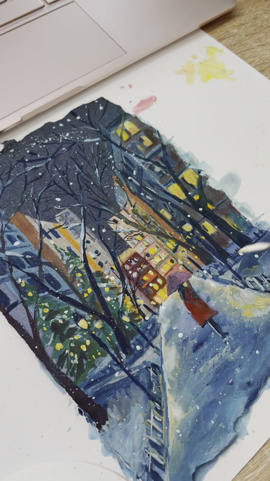 Warm and Cozy- Winter Art- Original Gouache painting