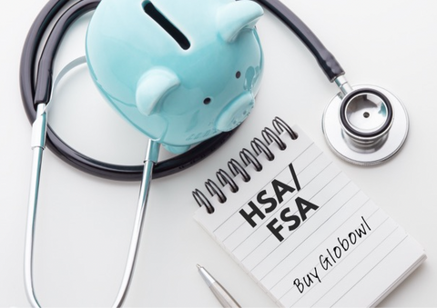 Blue piggy bank, stethoscope and note pad saying to buy Globowl with your HSA/FSA card