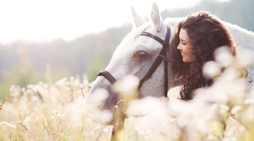 Woman smiling and embracing a white horse in a sunlit field with wildflowers