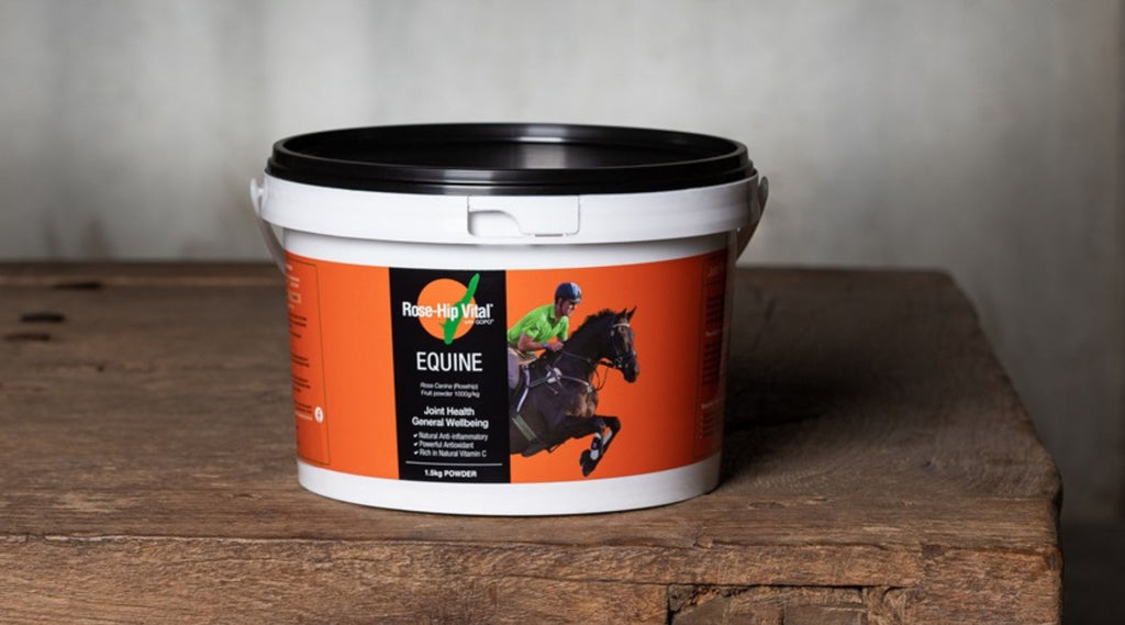 Container of horse supplement labeled for joint health on a wooden surface