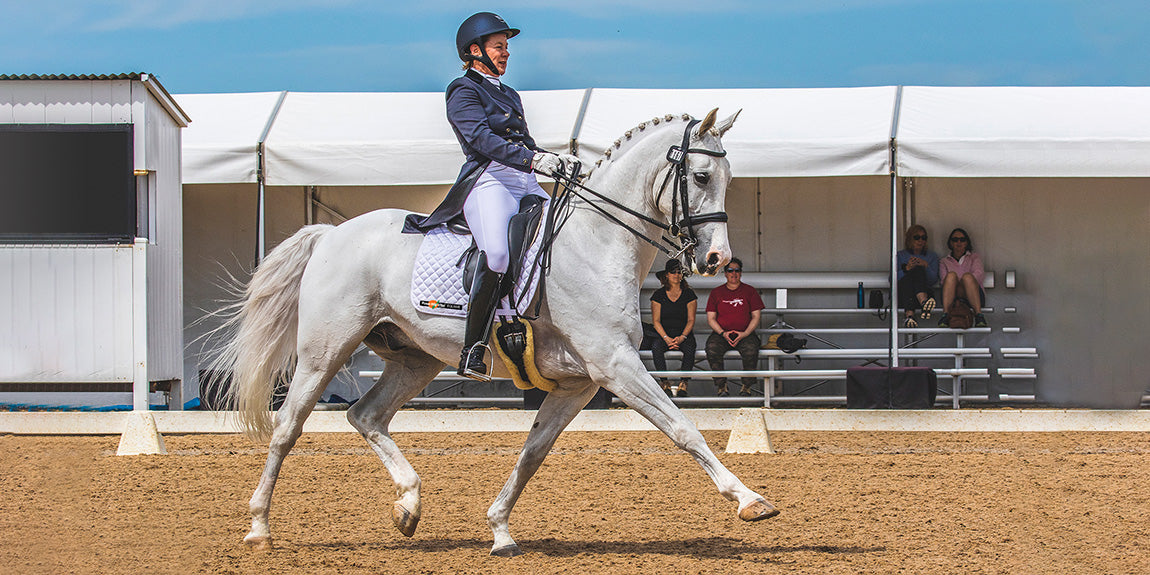 Dressage rider Louise Curran performing with Rose-Hip Vital Equine.