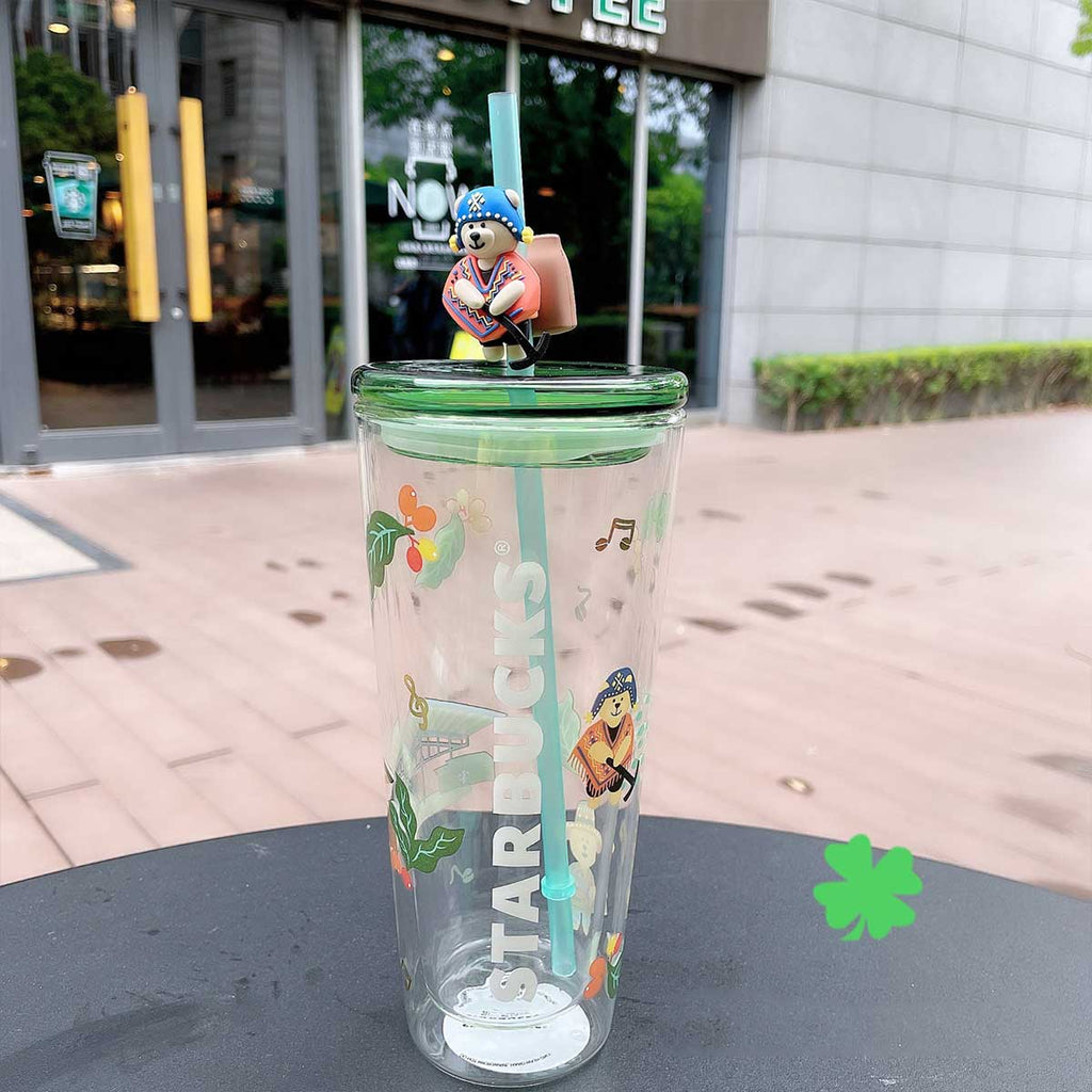 Starbucks China Cute Lami Bear Glass Milk Coffee Cup With Straws