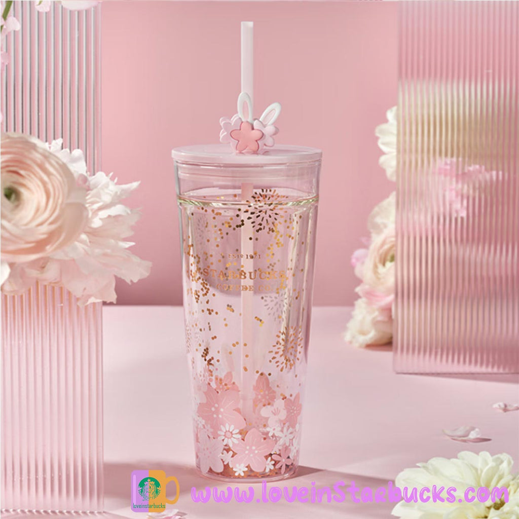 Starbucks China 2021 Sakura 19oz Glass Confetti Glitter Straw Cup Tumb